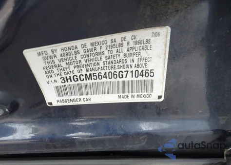 2006 Honda Accord 2.4 Lx из США, поврежденный, VIN 3HGCM56406G710465